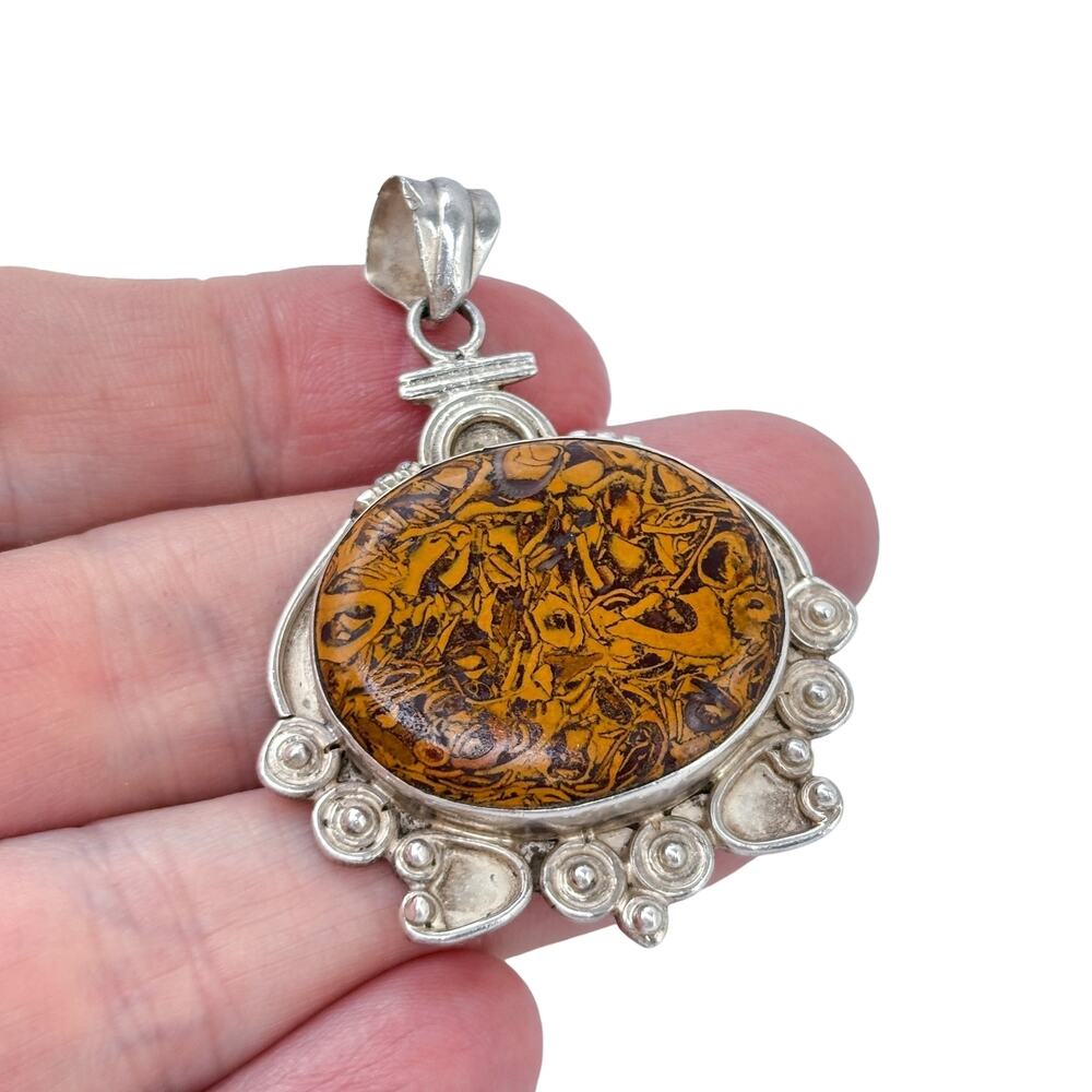 Estate Sterling Silver 925 Miriam Stone Fossil Pendant